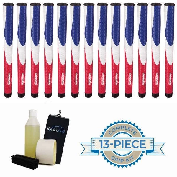 Jumbomax Tour Series Medium Super Jumbo Red/White/Blue Grip Kit - 13 Grips, Clamp, Solvent, Tape, Towel